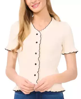 Женский короткий кардиган с рукавами 3/4, рюшами по краю и контрастной отделкой CeCe, белый