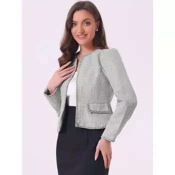 Женский короткий пиджак из твида в клетку с открытой передней частью ALLEGRA K, зеленый