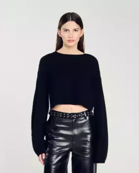 Женский короткий свитер из кашемира и шерсти Sandro, черный