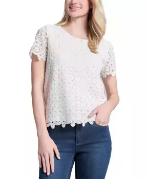 Женский короткий топ с кружевом и круглым вырезом Jones New York, белый