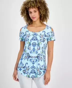 Женский короткий топ с принтом и холодным плечом JM Collection, синий