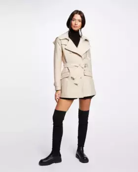 Женский короткий тренч приталенного кроя с поясом и капюшоном Morgan, бежевый