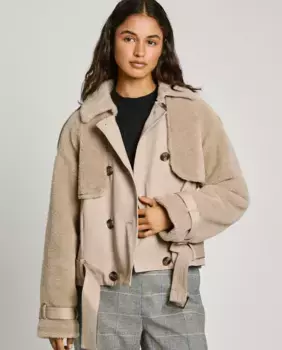 Женский короткий тренч с деталями из овчины Pepe Jeans, бежевый
