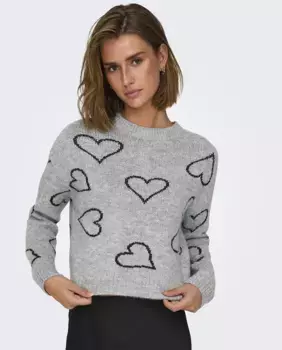 Женский короткий вязаный свитер с сердечками Only, светло-серый