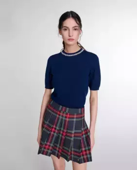 Женский короткий вязаный свитер со стразами Maje, темно-синий