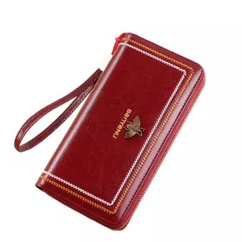 Женский кошелек Banyanu, Бордовый (воловья кожа с маслом и воском) – кисть против кражи.