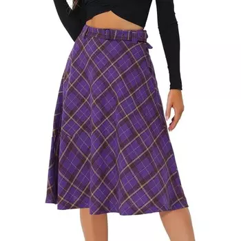 Женский костюм, клетчатые юбки трапециевидной формы с высокой талией и поясом средней длины ALLEGRA K, фиолетовый