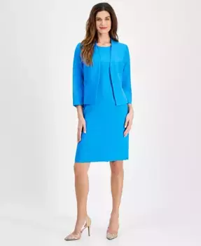 Женский костюм с жакетом на пуговицах из крепа и платьем-футляром с круглым вырезом, Regular & Petite Le Suit, синий