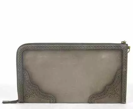 Женский кожаный клатч GUCCI Duilio с эффектом броги и молнией вокруг, серый