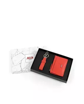 Женский кожаный кошелек с брелоком для ключей красного цвета Jaslen