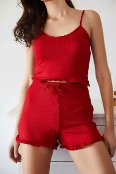 Женский красный пижамный комплект с рюшами и оборками XHAN