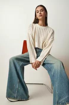 Женский кремовый ажурный укороченный трикотажный свитер Happiness Istanbul, бежевый