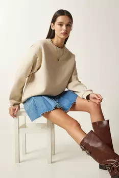 Женский кремовый темно-серый базовый свитшот Happiness stanbul, бежевый