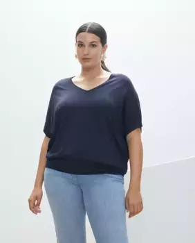 Женский креповый свитер с V-образным вырезом и короткими рукавами Couchel, темно-синий