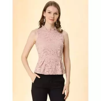 Женский кружевной топ без рукавов с баской и вырезом на шее с рюшами и цветочным принтом ALLEGRA K, белый