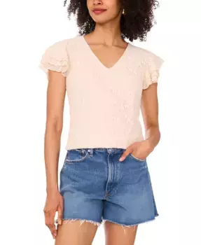 Женский кружевной топ с V-образным вырезом и оборками на рукавах Vince Camuto, коричневый/бежевый