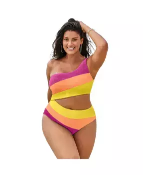 Женский купальник One Shoulder Color Block Cutout One Piece с асимметричным кроем и цветными блоками Swimsuits for All, мультиколор