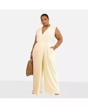 Женский льняной комбинезон с широкими штанинами и запахом Alia Rebdolls, бежевый