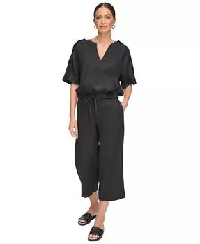 Женский льняной топ с разрезом на кулиске и подоле DKNY, черный