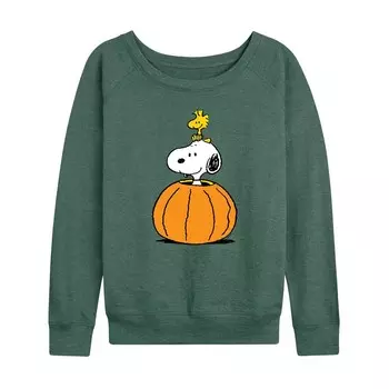 Женский легкий свитшот из френч-терри Peanuts Snoopy & Woodstock Pumpkin Licensed Character, цвет Heather Green