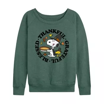 Женский легкий свитшот из френч-терри Peanuts Snoopy & Woodstock Спасибо Grateful Blessed Licensed Character, цвет Heather Green