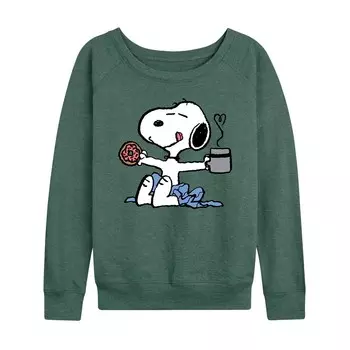 Женский легкий свитшот из френч терри с рисунком Peanuts Donut Coffee Snoopy Licensed Character, цвет Heather Green