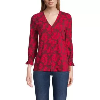 Женский легкий трикотажный топ с рукавами 3/4 и пуговицами спереди Lands' End, цвет red painted flower