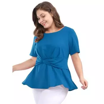 Женский летний однотонный топ с баской и узлом на талии больших размеров с короткими рукавами Agnes Orinda