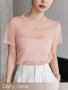 Женский летний топ Dazy-Less, круглый вырез, сетка, короткие рукава, розовый