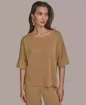 Женский металлизированный свитер с укороченными рукавами Donna Karan New York, коричневый/бежевый
