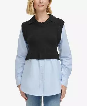 Женский многослойный свитер, контрастный топ с длинными рукавами Calvin Klein Jeans, цвет Black / Blue