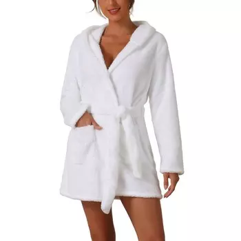 Женский нечеткий халат с поясом и капюшоном, флисовый плюшевый банный халат, зимние спа-халаты с карманами, мини-халат Cheibear, белый