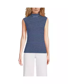 Женский облегающий топ с драпировкой, воротником-воронкой и короткими рукавами-кап Lands' End, синий