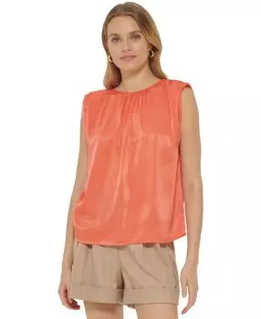 Женский однотонный атласный топ с круглым вырезом и плечами DKNY