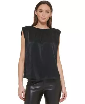 Женский однотонный атласный топ с круглым вырезом и плечами DKNY, черный
