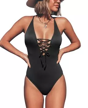 Женский однотонный цельный купальник с v-образным вырезом на шнуровке CUPSHE, черный