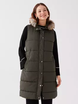 Женский однотонный пуховик с капюшоном LCWAIKIKI Classic, темно-зеленый