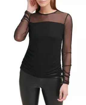 Женский однотонный сетчатый топ с прозрачными рукавами и круглым вырезом DKNY, черный