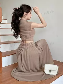 Женский однотонный вязаный комплект из жилета и юбки Dazy, коричневый