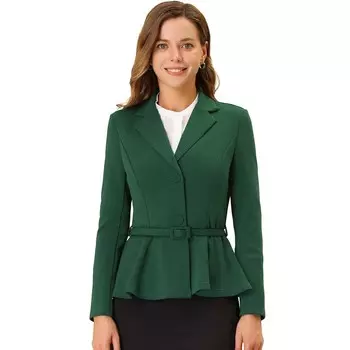 Женский офисный пиджак с баской и длинными рукавами с зубчатыми лацканами и поясом ALLEGRA K, черный