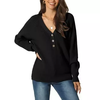 Женский осенне-зимний свитер с длинным рукавом и v-образным вырезом на пуговицах, однотонный ребристый вязаный повседневный пуловер, свитер Seta T, черный