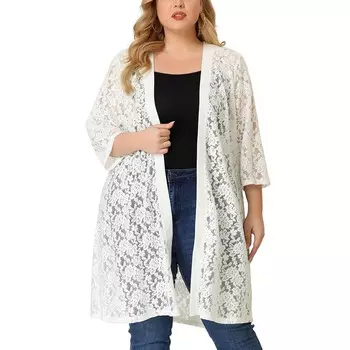 Женский осенний кардиган размера плюс с открытым передом из мягкого кружева и вырезом миди Agnes Orinda, белый
