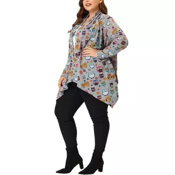 Женский осенний кардиган с открытой передней частью и принтом совы больших размеров Agnes Orinda, красный/серый