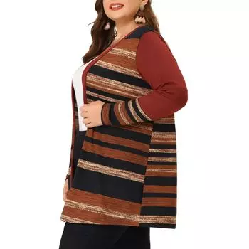 Женский осенний кардиган в полоску больших размеров с длинными рукавами и открытой передней частью Agnes Orinda, серый