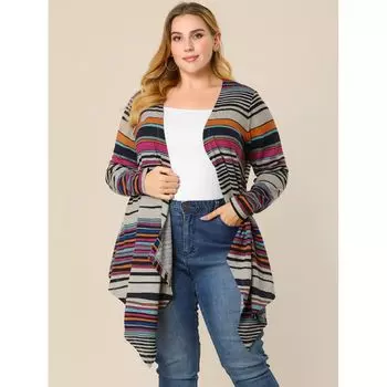 Женский осенний модный полосатый кардиган больших размеров в стиле бохо с открытой передней частью Agnes Orinda, коричневый