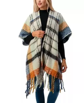 Женский открытый спереди клетчатый свитер-накидка с бахромой Marcus Adler, слоновая кость/кремовый