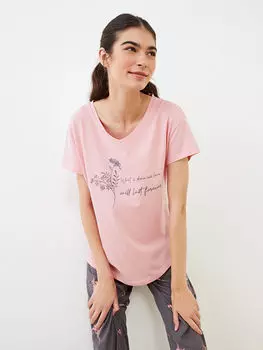 Женский пижамный комплект из хлопка с короткими рукавами и принтом с v-образным вырезом LCW Dream