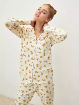 Женский пижамный комплект из хлопка с воротником-стойкой и цветочным принтом с длинным рукавом LCW Dream