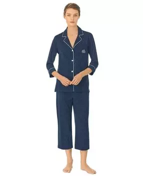 Женский пижамный комплект из хлопка с вырезом и воротником-капри с рукавом 3/4 Lauren Ralph Lauren, мульти