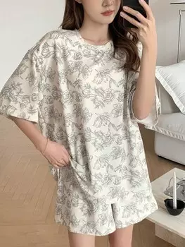 Женский пижамный Комплект с цветочным узором, топом и шортами с короткими рукавами Dazy, кремовый/бежевый